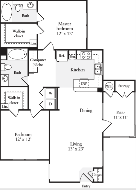 Floor plan for 2 beds, 2 baths, 1015 sqft